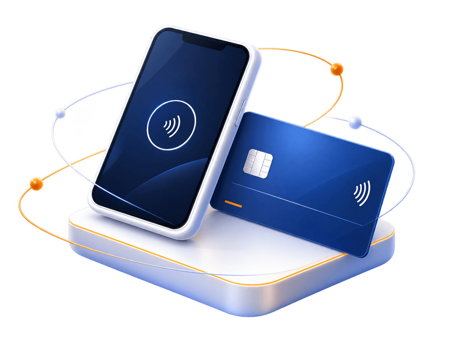 A phone showing a contactless payment prompt beside a navy chip card, resting on a low plinth.