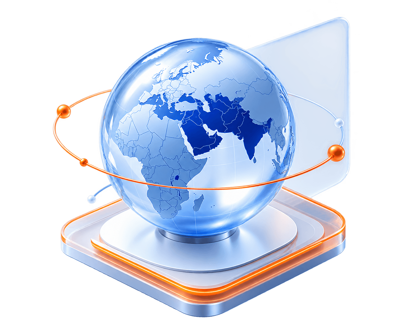 A glass globe on a plinth with the Middle East, Africa and neighbouring markets picked out in blue, encircled by a thin orange orbit.