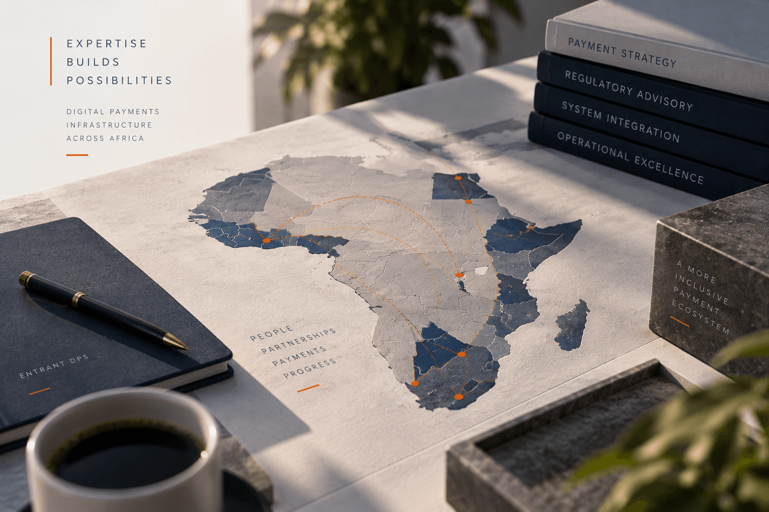 A map of Africa on a stone desk with routes linking markets, beside books titled Payment Strategy, Regulatory Advisory, System Integration and Operational Excellence, with the words “Expertise builds possibilities” and “Digital payments infrastructure across Africa”.