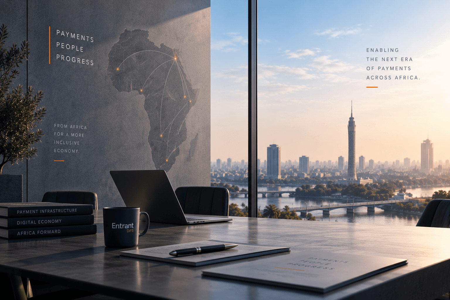 A meeting room overlooking the Nile and the Cairo Tower, with a map of Africa on the wall and the words “Payments, people, progress”, “From Africa for a more inclusive economy” and “Enabling the next era of payments across Africa”.