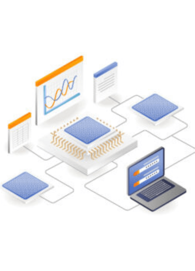 An illustration of a processor linked to screens showing charts, documents and a login form